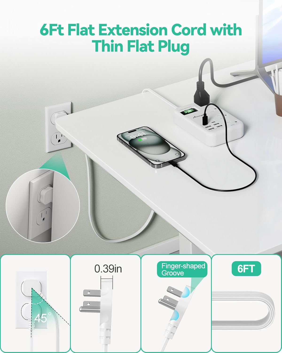 Alitayee 6 USB(2 USB C) Surge Protector Power Strip- Travel Power Strip with 24W USB Charging Station and 4 Extendable Outlet Extender, 6Ft Flat Extension Cord with Wall Mounted for Travel Home Dorm