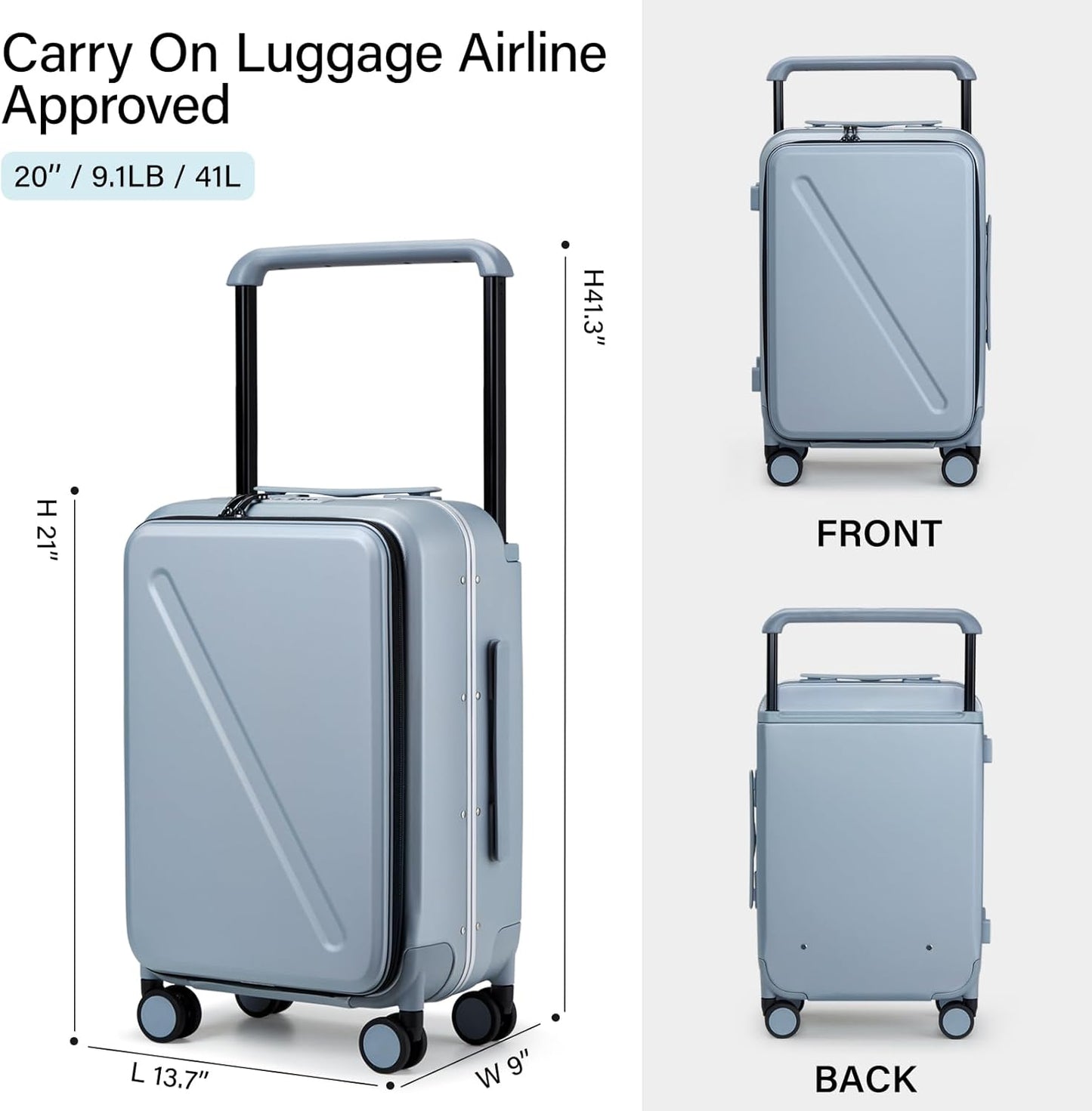 MILADA Wide Handle Carry On Luggage with Front Pocket Hardshell 20 Inch Front Opening Luggage with Spinner Wheels TSA Lock Aluminium Suitcase Airline Approved Carry-On Travel Luggage, Grey