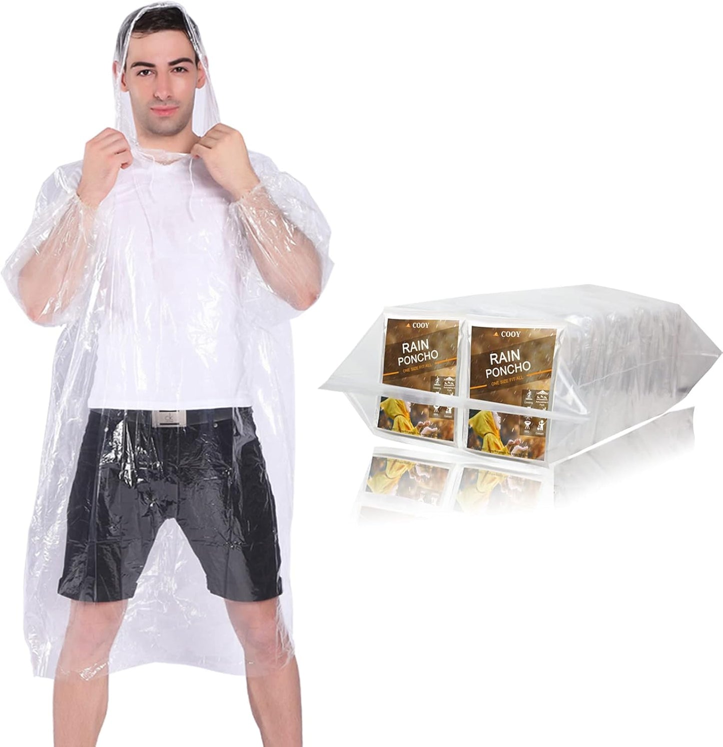 Rain Ponchos,with Drawstring Hood （10 Pack） Emergency Disposable Rain Ponchos Family Pack for Adults,Clear