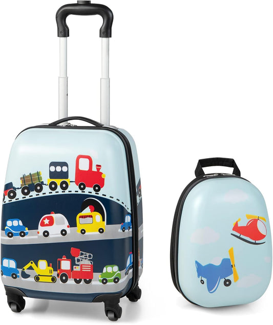 HONEY JOY Kids Luggage, 12" Toddler Backpack & 16" Travel Suitcase with Wheels, Lightweight Toddler Girls Suitcase, Durable ABS Hardshell, 2Pcs Carry On Luggage Set for Boys Girls(Car)