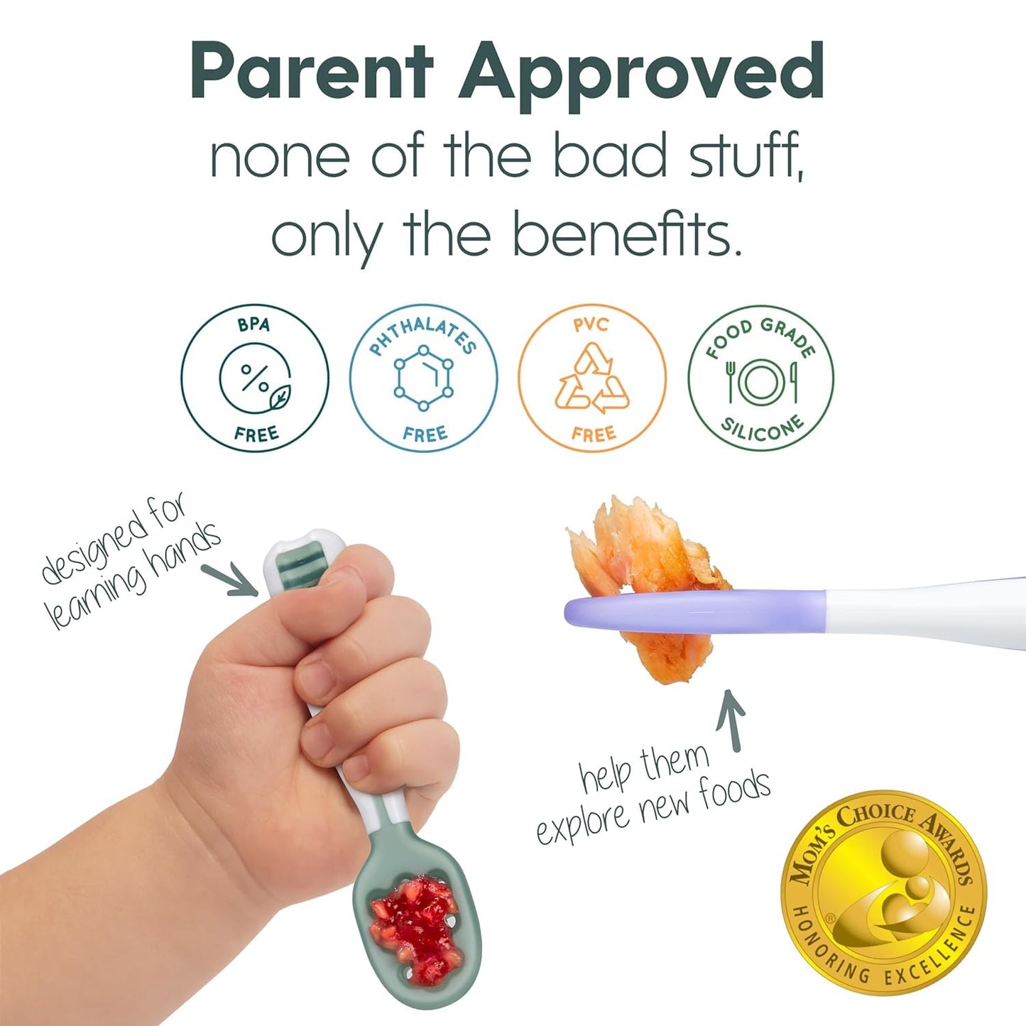 NumNum Baby Spoons Set, Baby Essentials Pre-Spoon GOOtensils for 6+ Months, First Stage Self-Feeding Spoons for Baby Led Weaning (BLW), Silicone Toddler Utensils, BPA-Free, 2 Pack Blue/Green