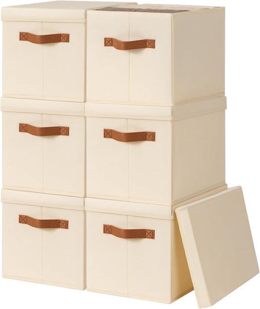 Storage Bins with Lids - Fabric Storage Baskets for Shelves, 6 Pack Foldable Decorative Boxes with Handles, Stackable Organizer Bins for Home, Nursery, Dorm, Beige