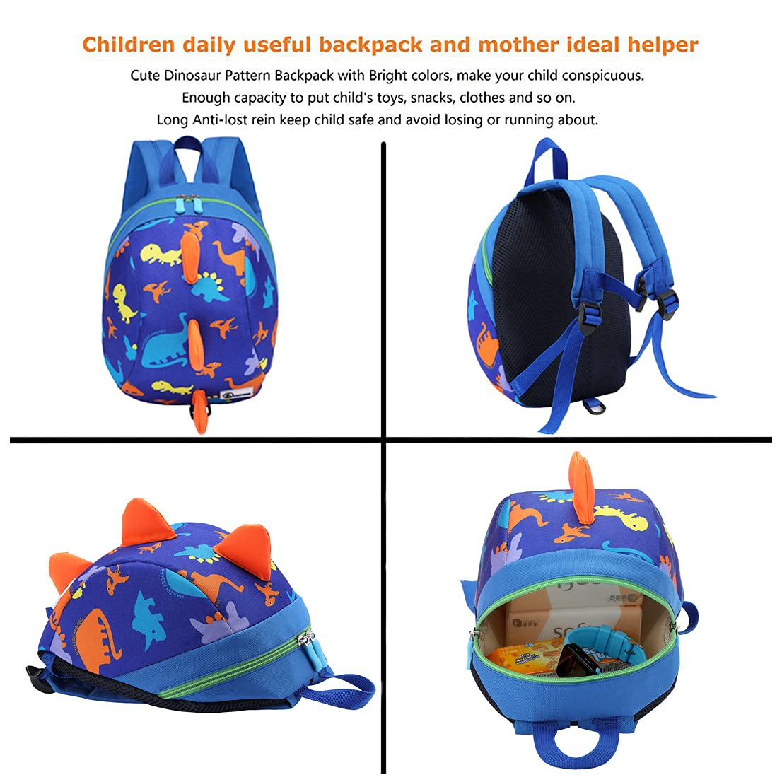 DB Dinosaur Toddler Mini Backpack with Leash, Children Kids Baby Harness Bookbag (Deep Blue)
