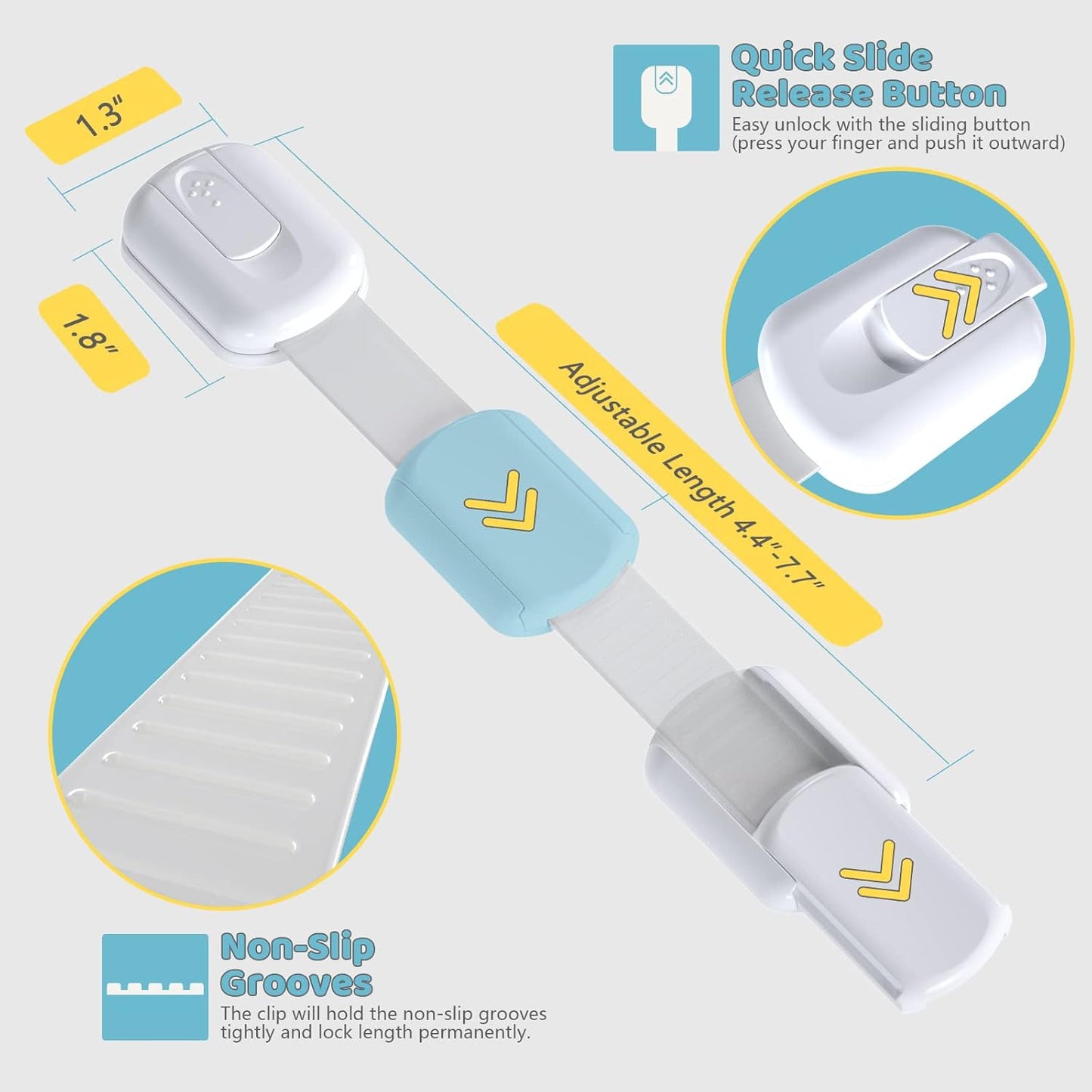 4our Kiddies Child Safety Cabinet Locks for Babies (2 Pack) Child Proof Latches for Cabinets and Drawers Doors, Baby Proofing Cabinet Strap Locks for Cupboards, Fridge, Toilet and Closet