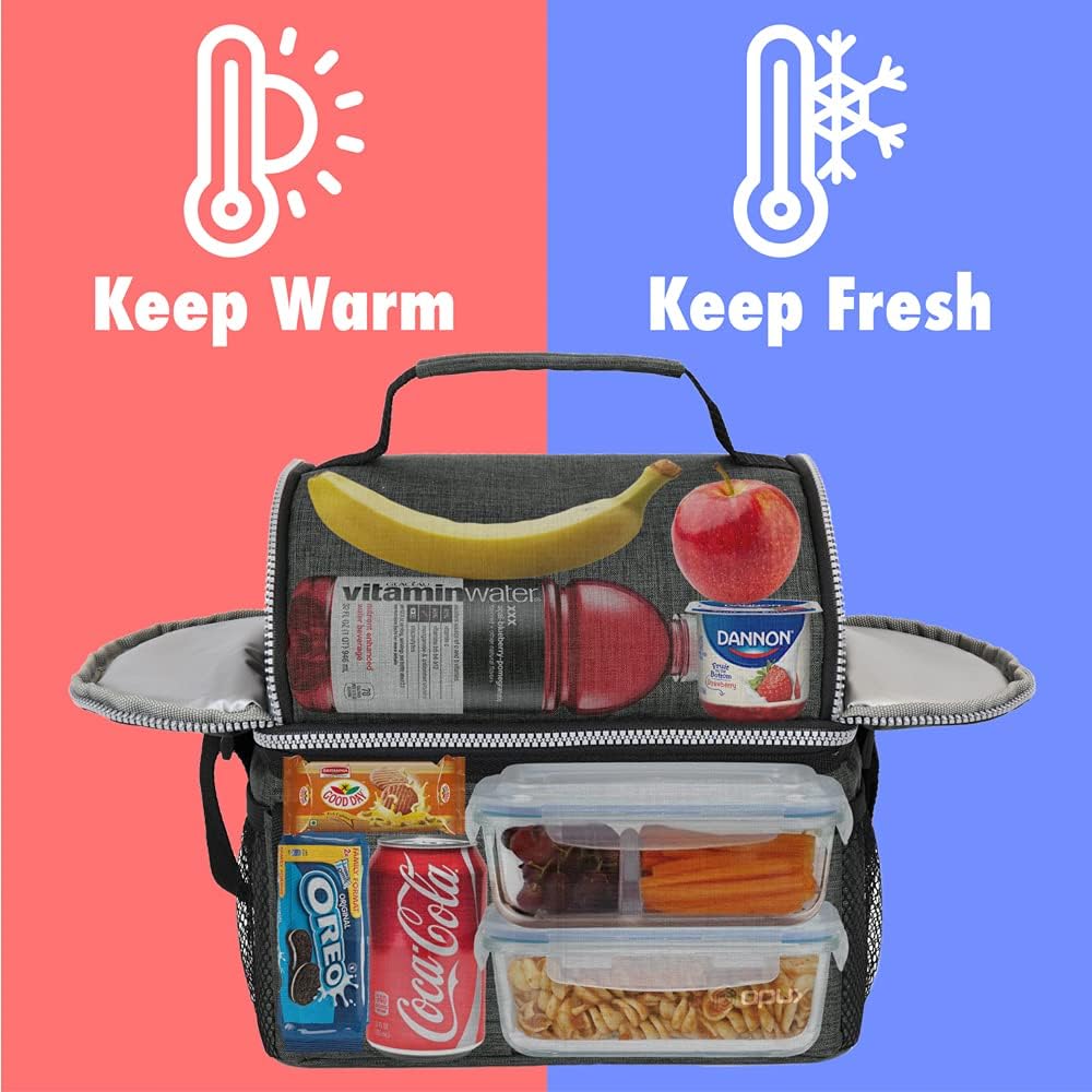 OPUX Lunch Box for Men, Adult Lunch Box Cooler, Insulated Lunch Bag Women, Dual Compartment Lunchbox for Work, Leakproof Double Decker Lunch Bag, Soft Lunch Pail Tote Boys Girls Kids School, Dark Gray