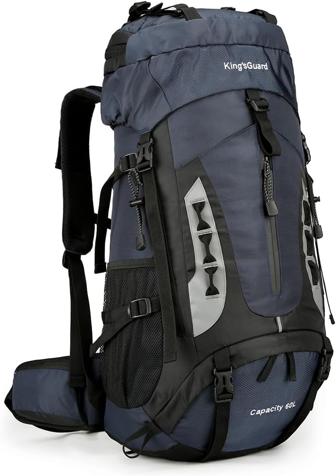 King'sGuard 60L Hiking Backpack Large Waterproof Camping Backpack for Men and Women Lightweight Frameless Backpacking Backpack with Rain Cover (Navy Blue)