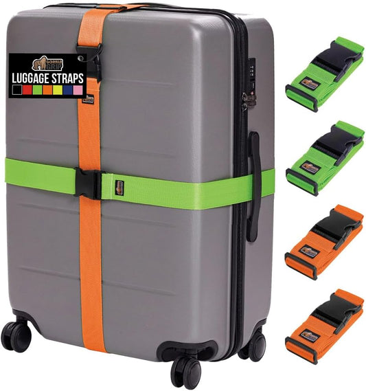 GORILLA GRIP Heavy Duty 4 Pack Adjustable Luggage Straps for Suitcases, Easy to Identify Travel Belt Connector Holds Suitcase Together, Extends Life of Bag, Strap Connects Two Bags, Green and Orange