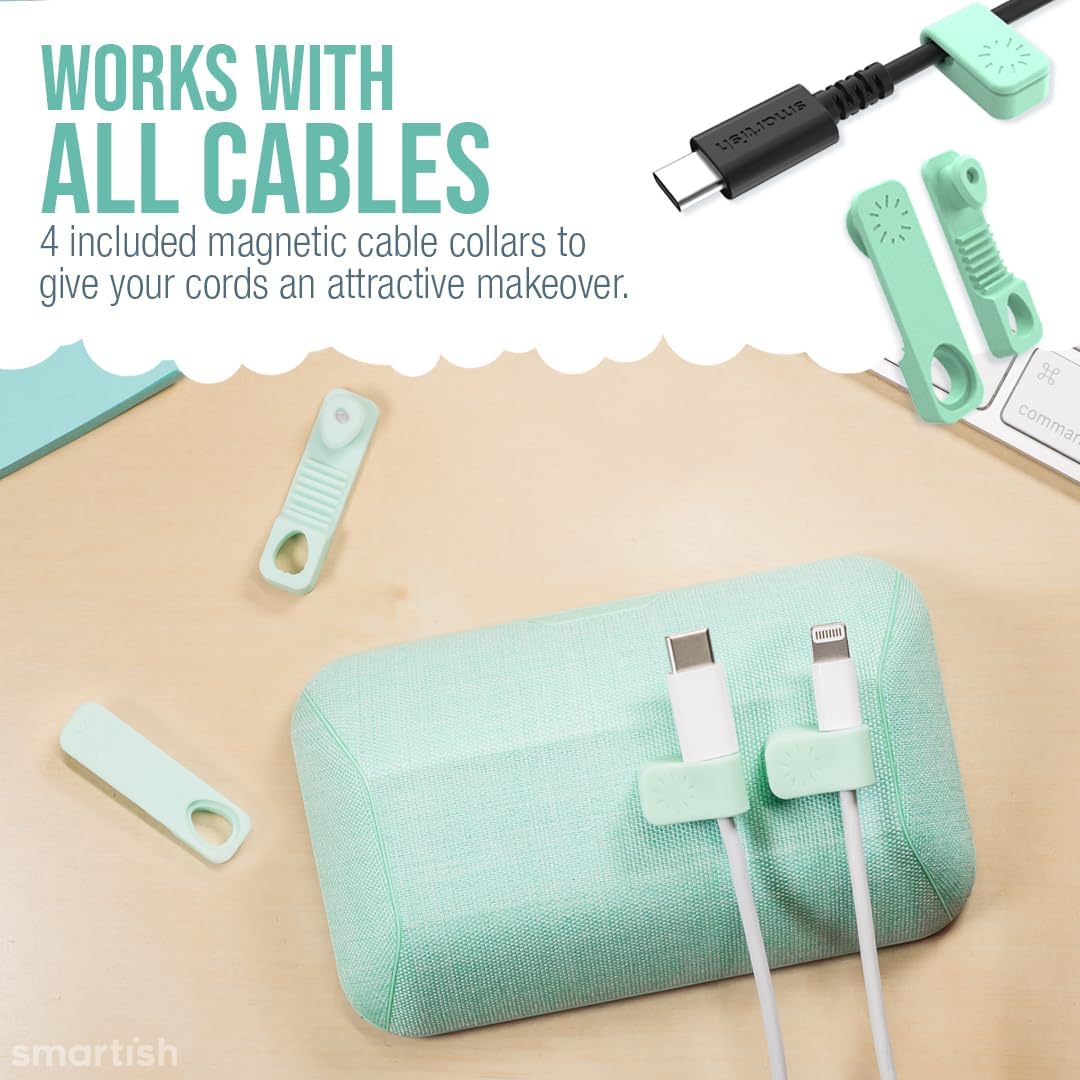 Smartish® Magnetic Cord Holder - Bigger Cable Wrangler Organizer with Magnet Clips for Charger Management on Desktop, Nightstand, or Side Table - Holds 6+ Cables - Teal Me More