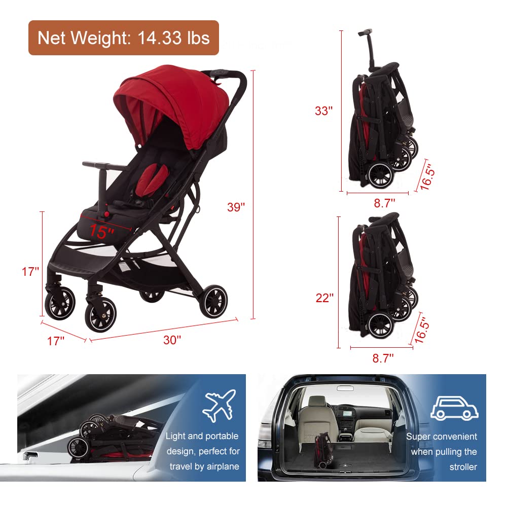 COOL KIDS Portable Stroller with Automatic Fold，Lightweight Umbrella Stroller with Pop Out Sun Canopy，Compact Stroller for Travel(red)