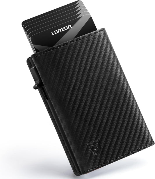 LORZOR Wallet for Men with Metal Card Holder, Pop Up Wallet, Finest Full Grain Leather Trifold Wallet, Smart, Minimalist, RFID Blocking, Front Pocket, ID Window