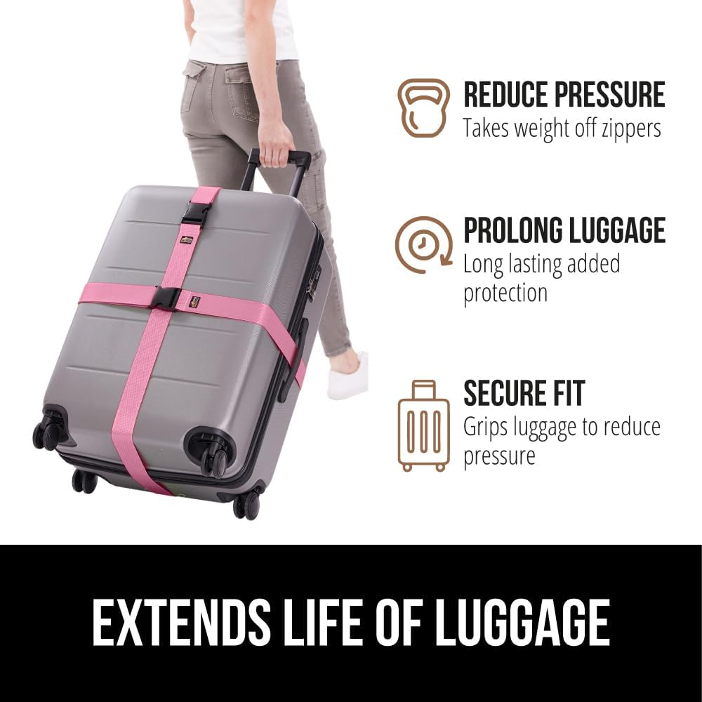 GORILLA GRIP Heavy Duty Adjustable Luggage Straps for Suitcases, Easy to Identify Travel Belt Connector Holds Suitcase Together, Extends Life of Bag, Strap Connects Two Bags, Accessories 2 Pack Pink
