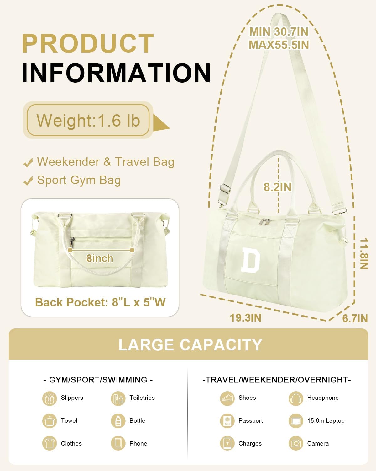 Initial Travel Duffel Bag Sports Gym Bag for Kids Teen Birthday Gifts,Beige Personalized Weekender Bag Carry On Dance Bags for Women Men,Waterproof Monogram Overnight Bag with Trolley Sleeve(Letter D)