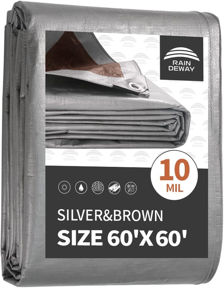 RAINDEWAY Tarps Heavy Duty Waterproof 60x60 Feet, 10 Mil Thick Multipurpose UV Resistance Large Tarp Cover with Metal Grommets and Reinforced Edges, Silver/Brown Tarp