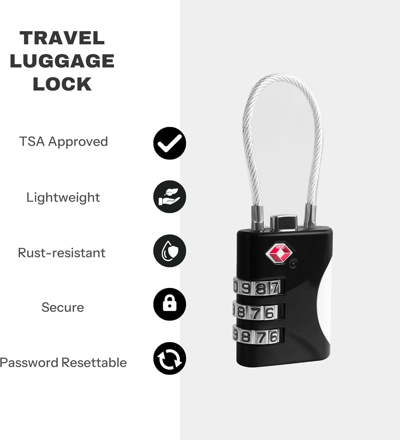 TSA Locks for Luggage, Small Combination Lock with Cable, Luggage Locks TSA Approved, Combo Lock for Suitcase, Cabinet, Gym Locker, Backpack, Small Padlock for Travel Essentials (Black)
