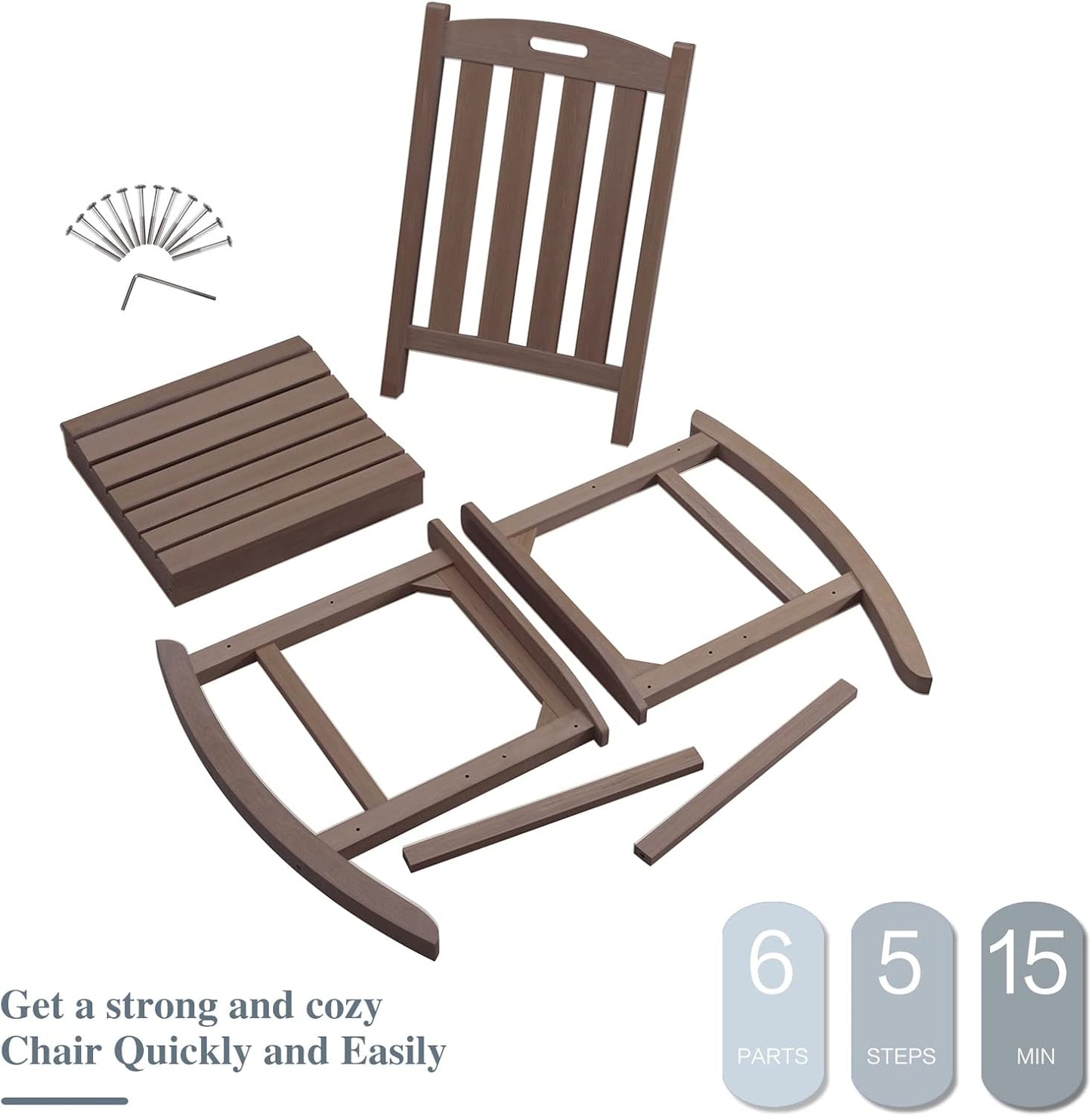 Psilvam Oversized Outdoor Rocking Chair Set of 2, Porch Rocker with 21" Wide Seat and 32" Tall Backrest, Pre-Assembled with Most Components for Effortless Installation (Brown)
