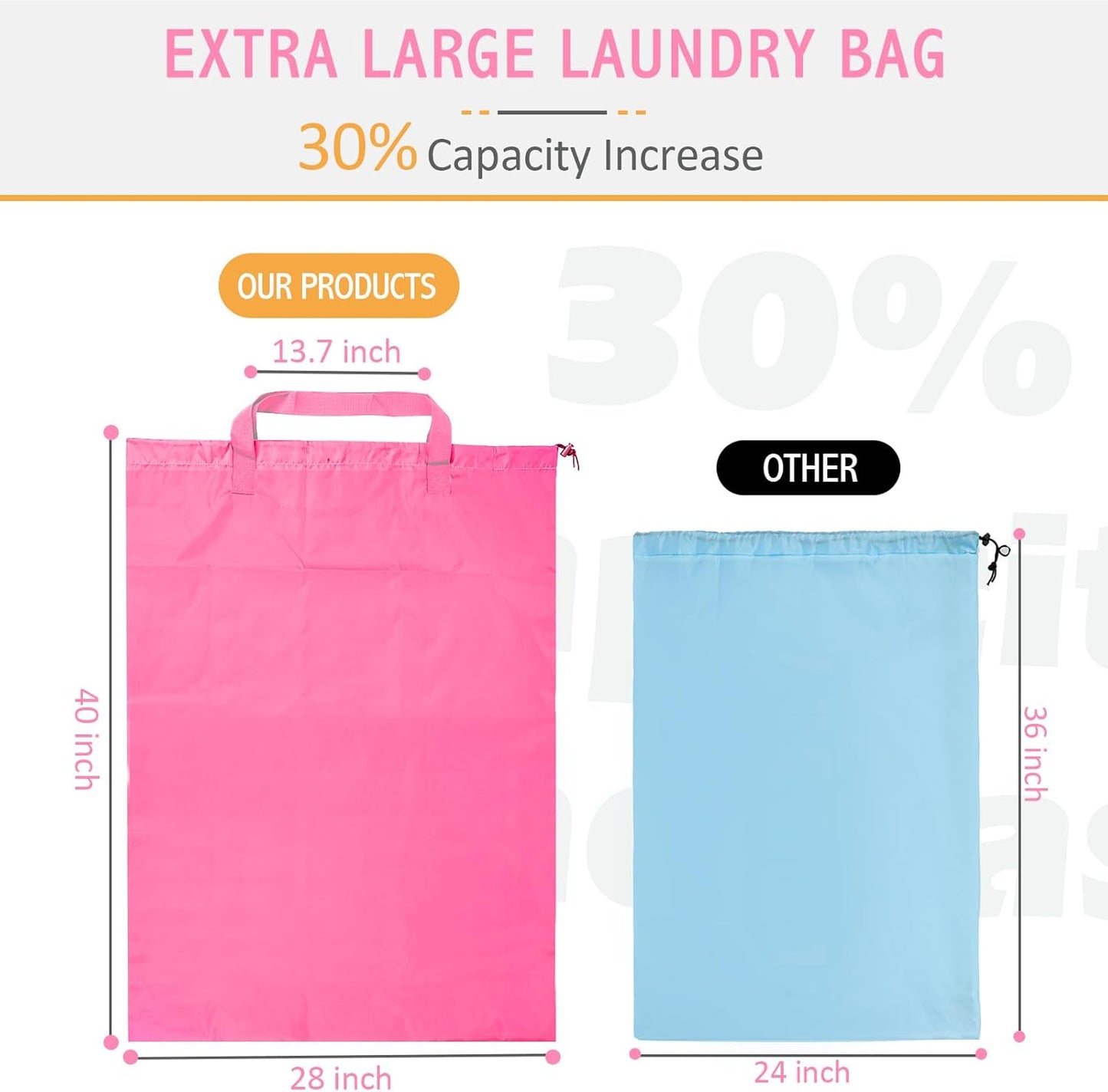 Extra Large Heavy Duty Laundry Bag - 28" x 40", Travel Laundry Bag for Dirty Clothes (Pink)