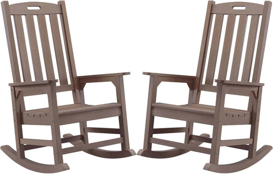 Psilvam Oversized Outdoor Rocking Chair Set of 2, Porch Rocker with 21" Wide Seat and 32" Tall Backrest, Pre-Assembled with Most Components for Effortless Installation (Brown)