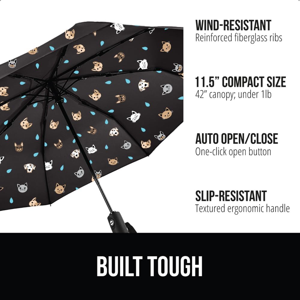 GORILLA GRIP Strong Stick Umbrella for Rain, Compact Travel One-Click Automatic Open Close, Lightweight, Portable, US Designed Reinforced Fiberglass Ribs, Wind Resistant, Easy Collapse, Cats Dogs