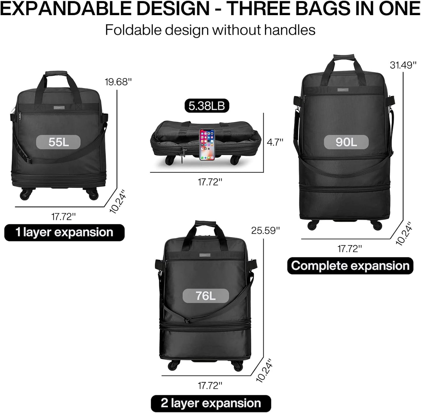 Hanke Suitcases with Wheels Expandable Foldable Luggage Bag Suitcase Collapsible Rolling Travel Bag Duffel Bag for Men Women Lightweight Suitcases without Telescoping Handle, Black