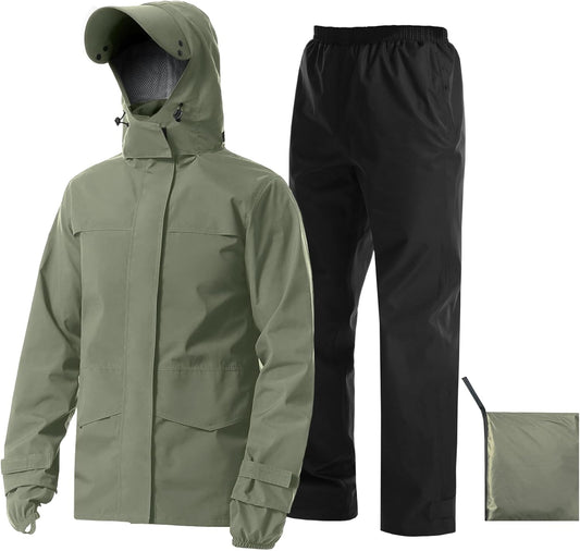 iCreek Rain Suit Waterproof Jacket with Pants 2 Pieces Breathable Lightweight Packable Raincoat with Hooded Rain Gear Unisex