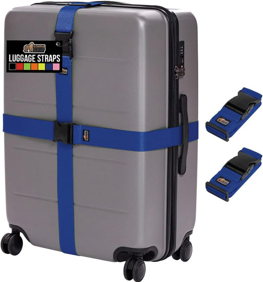 GORILLA GRIP Heavy Duty Adjustable Luggage Straps for Suitcases, Easy to Identify Travel Belt Connector Holds Suitcase Together, Extends Life of Bag, Strap Connects Two Bags, Accessories 2 Pack Blue