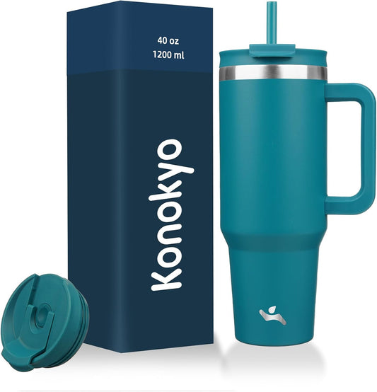 40 oz Tumbler with Handle and 2 Straws,2 in 1 Lid Insulated Water Bottle Stainless Steel Travel Coffee Mug,Blue