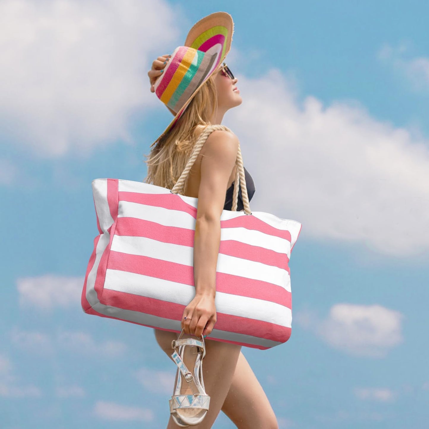 Becokan Beach Bag Large Beach Tote Bag for Women Waterproof Sandproof Swim Pool Bag With Zipper