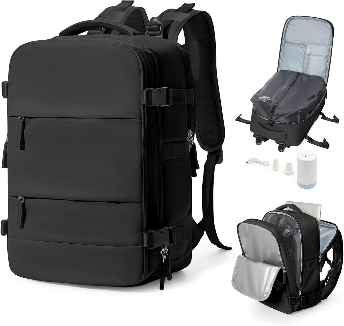 Vacuum Backpack Travel With Pump,Mochila De Viaje Compresion Al Vacio,Personal Item Travel Backpack With Vacuum System,Large Carry On Vacpack Backpacks For Women Men,Black