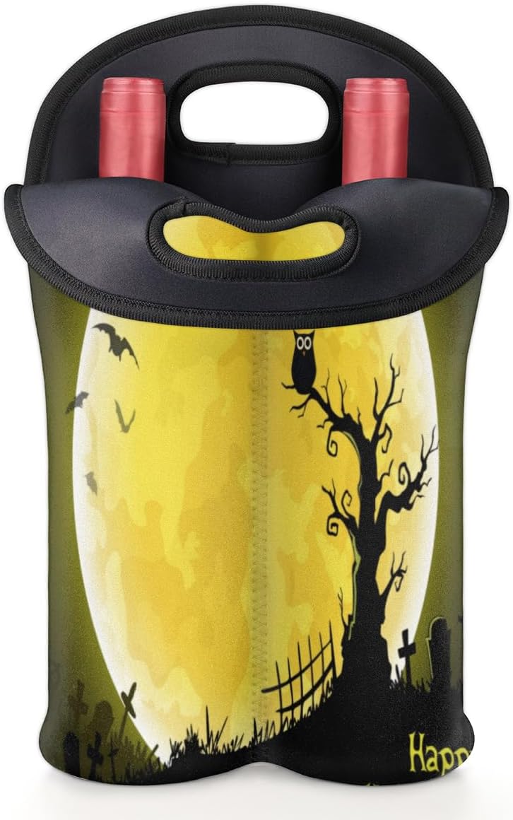 Vintage Sea Turtle 2 Bottle Wine Carrier Tote Bag Insulated Wine Bottles Neoprene Bag with Secure Carry Handle Portable Wine Cooler Bag for Travel Picnic Beach (Halloween Moon Owl)