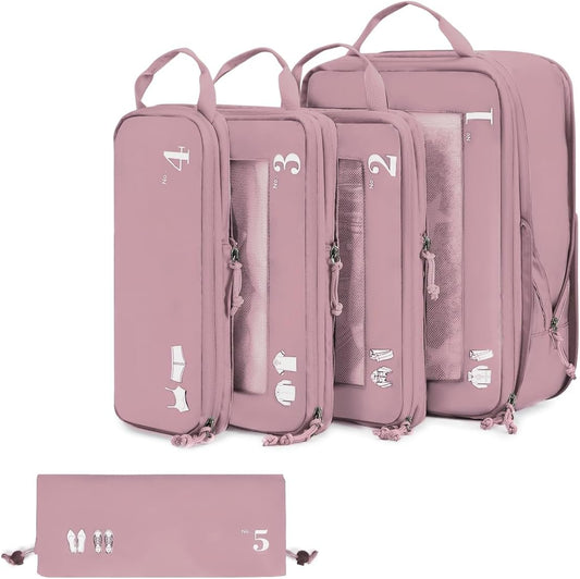 ECOHUB 5 Set Compression Packing Cubes for Suitcases Organiser Bags Set Travel Essentials with Shoe Bag for Traveling Tear-resistant Travel Accessories with ID Tag Expandable Packing Bags(Pink)