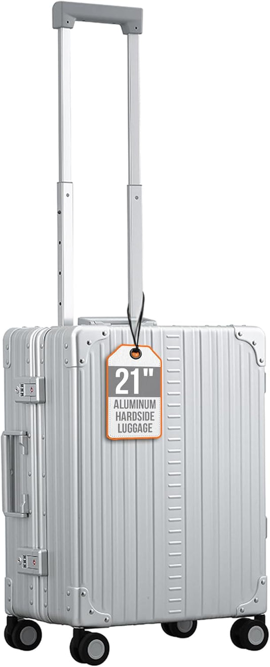 All Aluminum Lightweight Carry-On Luggage - Hardside Carry-On Suitcase, TSA Approved, Hard Shell Suitcase for Travel, Airline Approved 21 Inch Hard Spinner Wheels Luggage (Platinum)