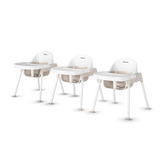 Foundations Secure Sitter Feeding Chairs Multipack, No-Tip Feet, 3-Point Adjustable Harness, Removable Tray, Easy to Clean, Stackable Feeding Chairs, 3 Pack (11 inch)