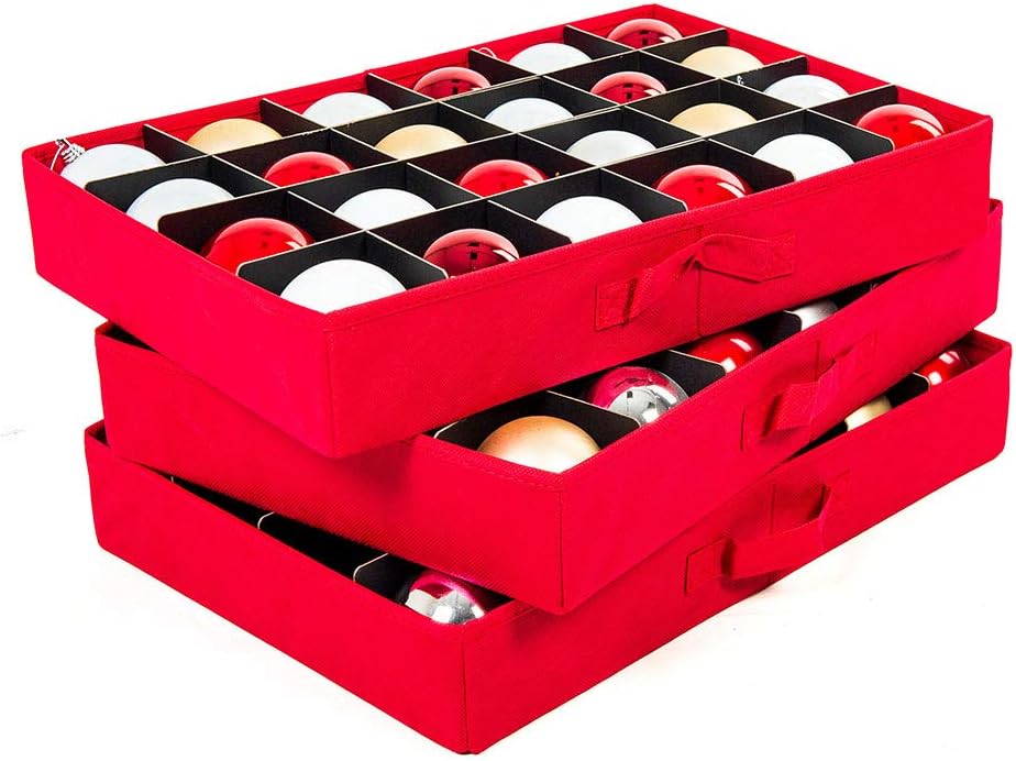 [Christmas Ornament Storage Box with Dividers] - (Holds 72 Ornaments up to 3 Inches in Diameter) | Acid-Free Removable Trays with Separators | 3 Removable Drawer Style Trays