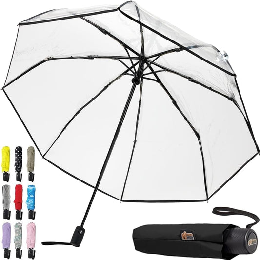 GORILLA GRIP Strong Stick Umbrella for Rain, Compact Travel One-Click Automatic Open Close, Lightweight, Portable, US Designed Reinforced Fiberglass Ribs, Wind Resistant, Easy Collapse, Clear
