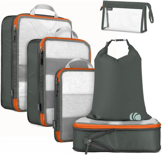 Cipway Compression Packing Cubes, See Through Mesh Luggage Organizer Bags, Travel Essentials for Carry on Suitcase with Laundry Bag and Clear Toiletries Bag（6Pcs,Grey）