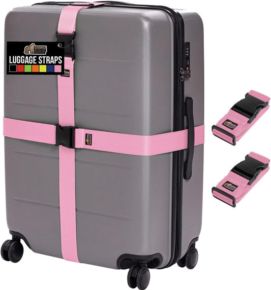 GORILLA GRIP Heavy Duty Adjustable Luggage Straps for Suitcases, Easy to Identify Travel Belt Connector Holds Suitcase Together, Extends Life of Bag, Strap Connects Two Bags, Accessories 2 Pack Pink