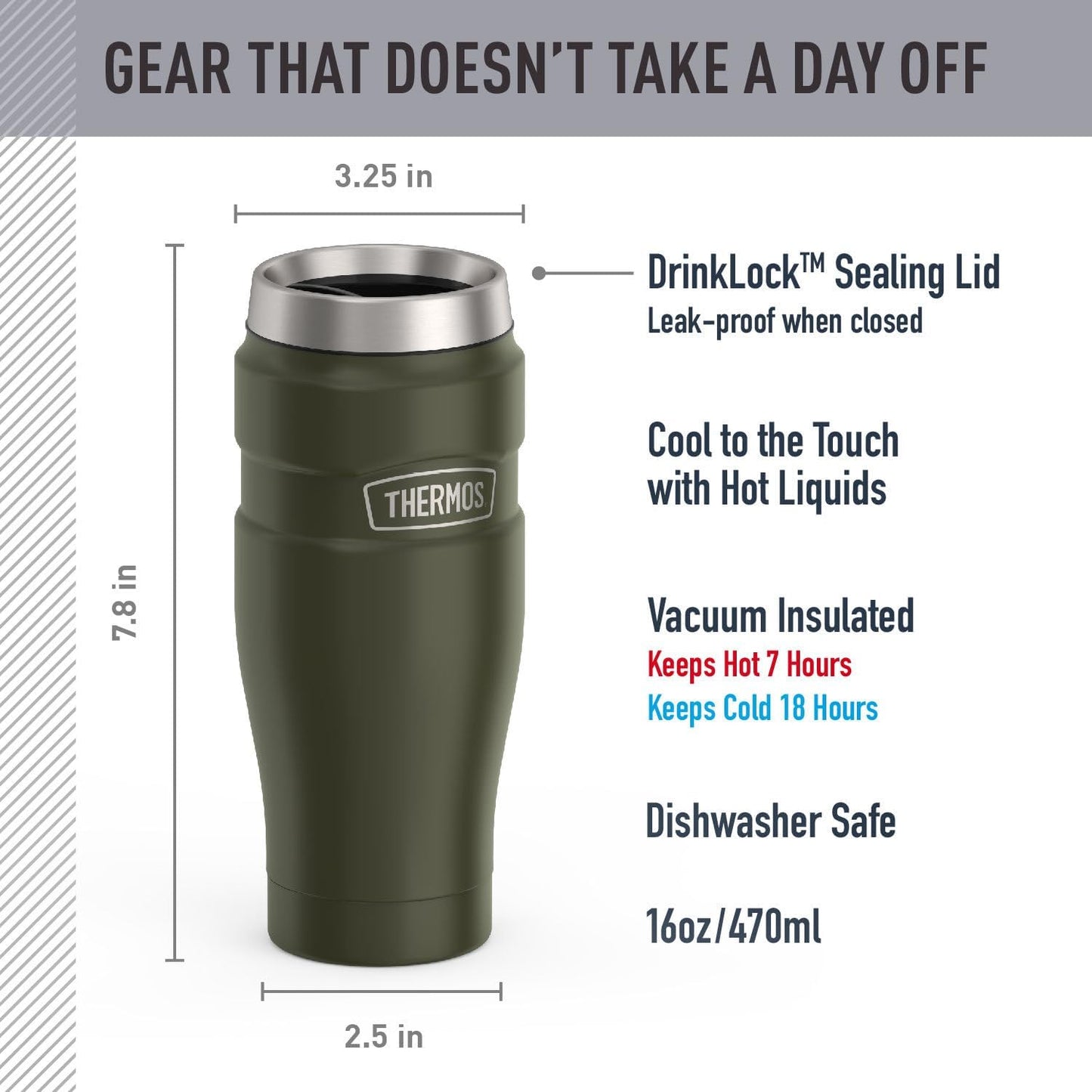 THERMOS Stainless King Vacuum-Insulated Travel Tumbler, 16 Ounce, Army Green