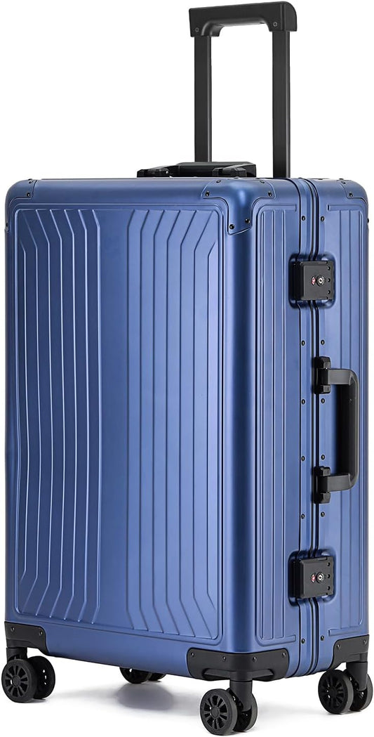 Metal all aluminum carry-on suitcase 20 "hard face, TSA lock and rotating wheel zippered luggage set (blue, 20 '')