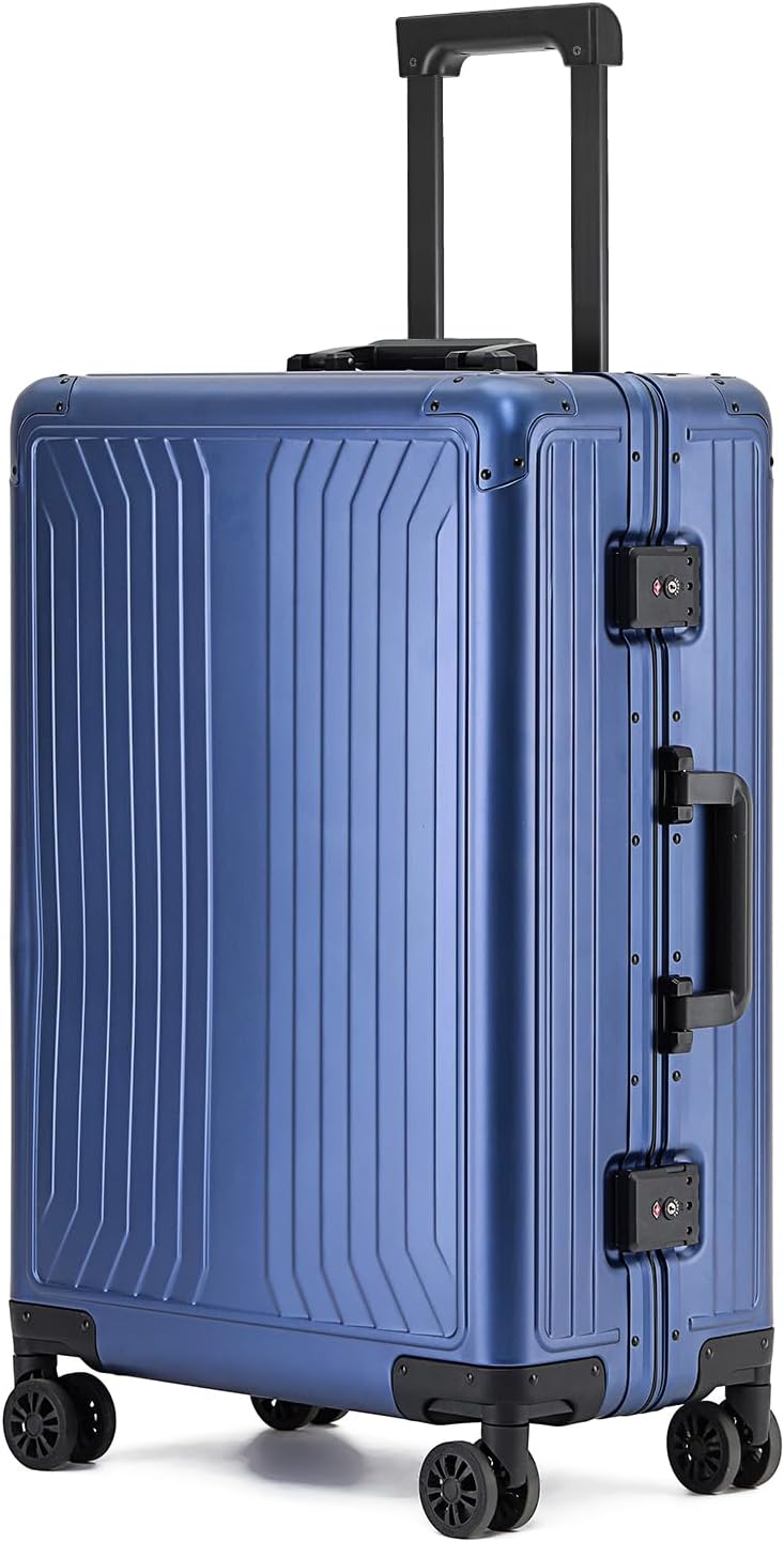 Metal all aluminum carry-on suitcase 20 "hard face, TSA lock and rotating wheel zippered luggage set (blue, 24 '')
