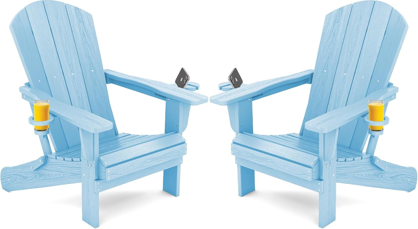 SERWALL Adirondack Chair with Cup Holders - Composite Adirondack Chairs HDPE Outdoor Chairs Set of 2 All Weather Use- Light Blue