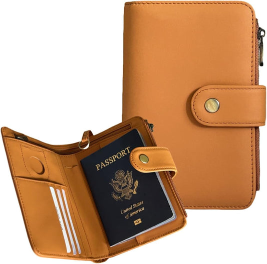 Full Grain Leather Passport Wallet, RFID Blocking Passport Holder with AirTag Slot, Multi Compartment Travel Wallet for Women & Men, Secure Passport Cover Case for Airport Essentials (Brown)