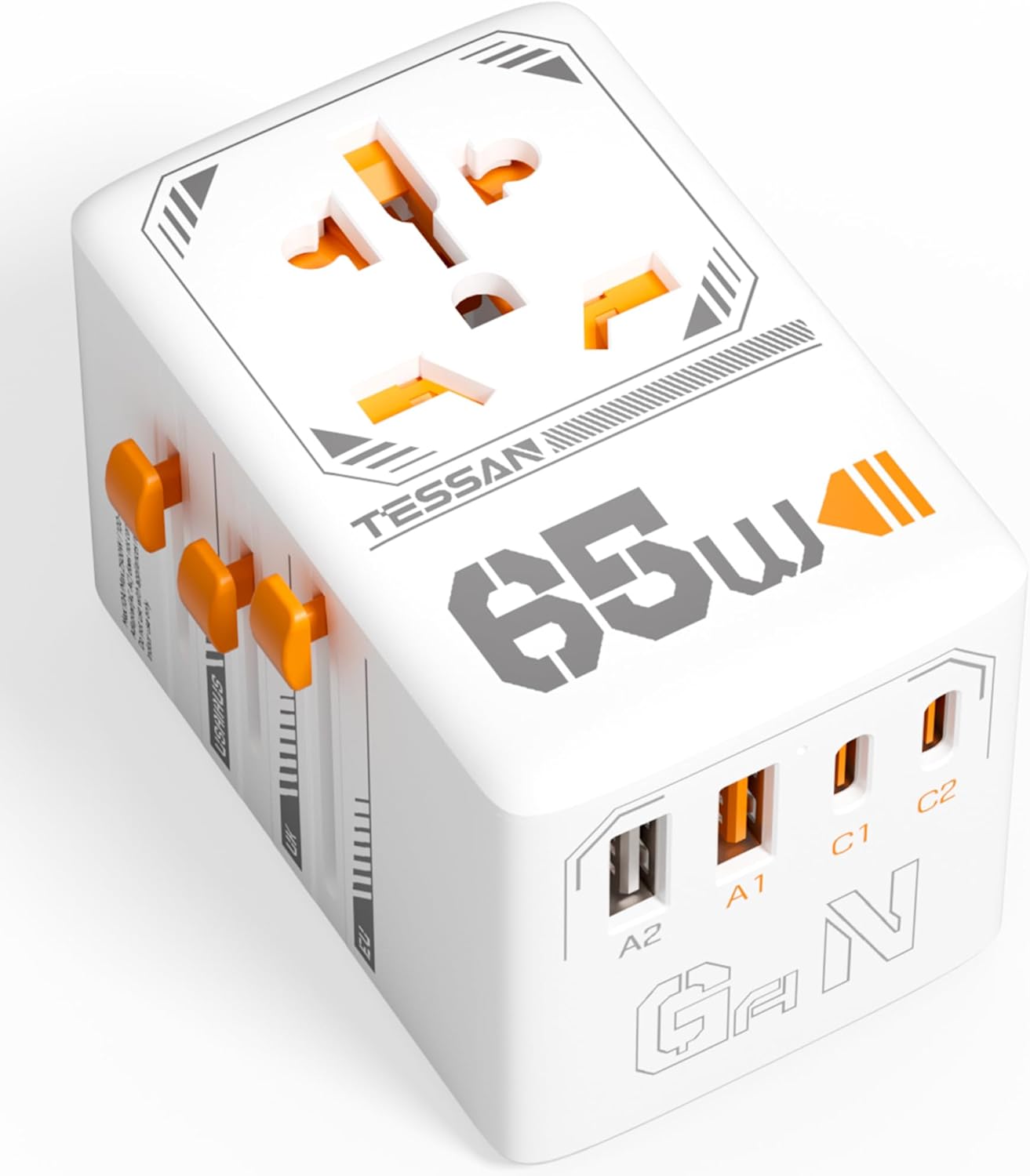 TESSAN Universal Travel Adapter, 65W GaN International Plug Adaptor with 4 USB(2 USB C) Charging Ports, Worldwide Power Outlet for US to European EU UK AUS Ireland(Type C/G/A/I)
