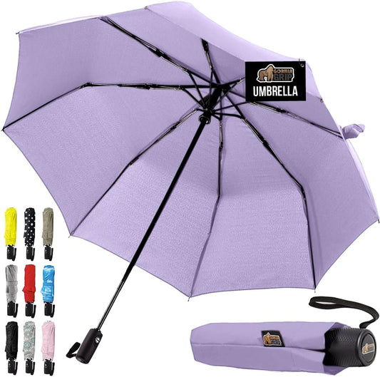 GORILLA GRIP Strong Stick Umbrella for Rain, Compact Travel One-Click Automatic Open Close, Lightweight, Portable, US Designed Reinforced Fiberglass Ribs, Wind Resistant, Easy Collapse, Purple