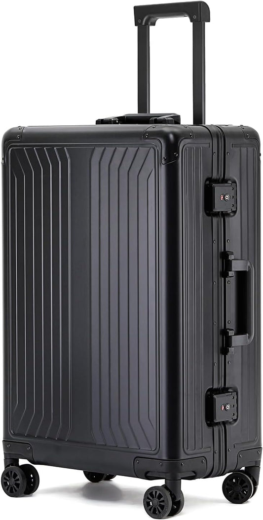 Metal all aluminum carry-on suitcase 20 "hard face, TSA lock and rotating wheel zippered luggage set (black, 24 '')