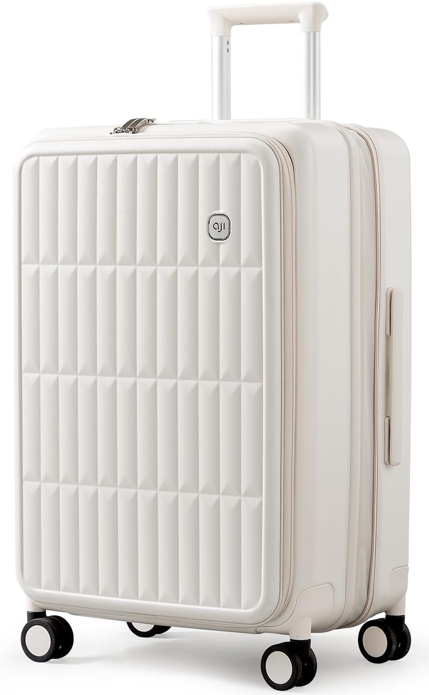 aji Expandable Top Open 24 Inch Checked Luggage with Spinner Wheels, Large Suitcase with TSA Lock, Hardside Travel Luggage Suitcases for Men Women, for 14+Days Travel, Coconut White