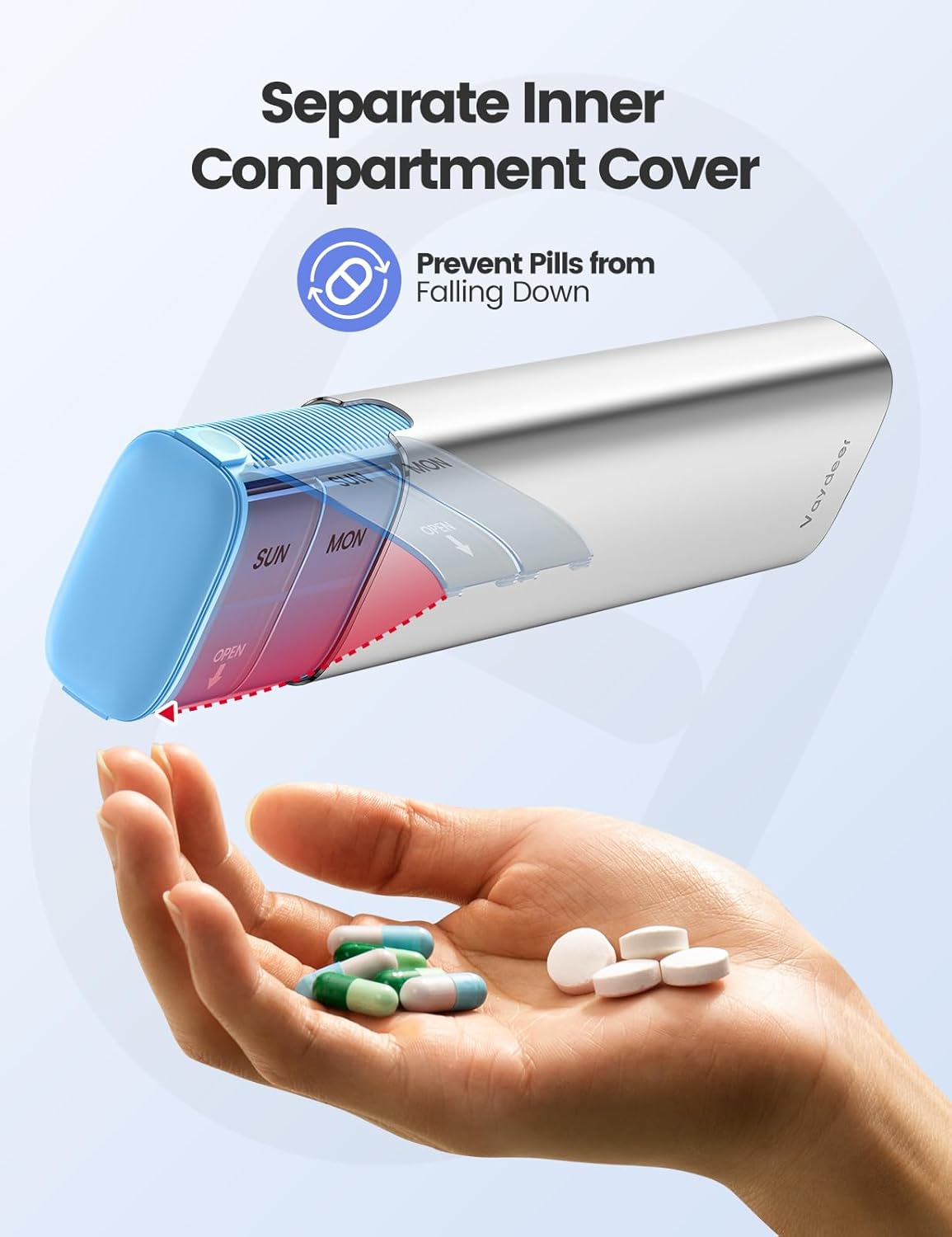 Vaydeer 7 Day Weekly Pill Organizer (Support 2 Times a Day), Metal Travel Pill Case, Large Capacity Daily Cute Pill Box for Supplements, Pills, Vitamins and Medication (Blue)