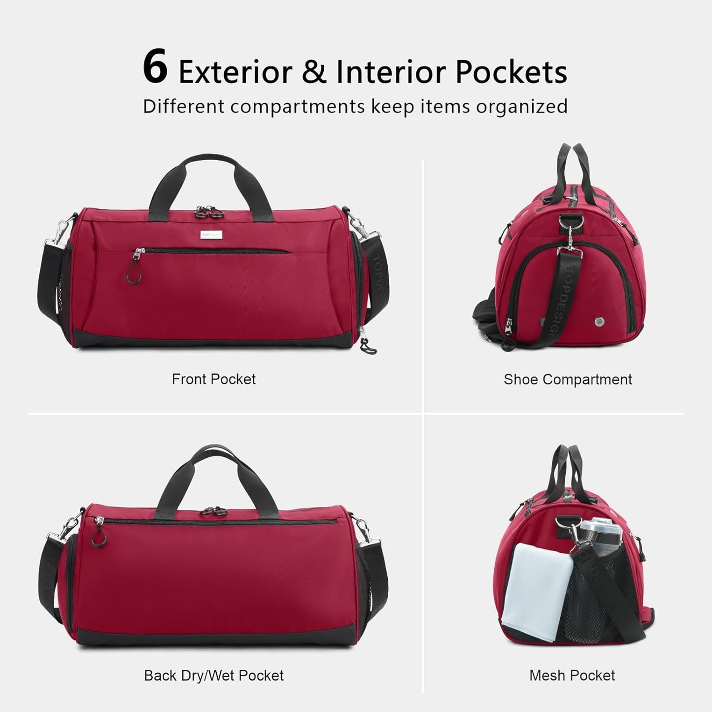 TOPDesign Gym Bag for Women & Men, Unisex Duffel Bag with Shoe Compartment & Wet Pocket for Travel Sports Gym (M Red)