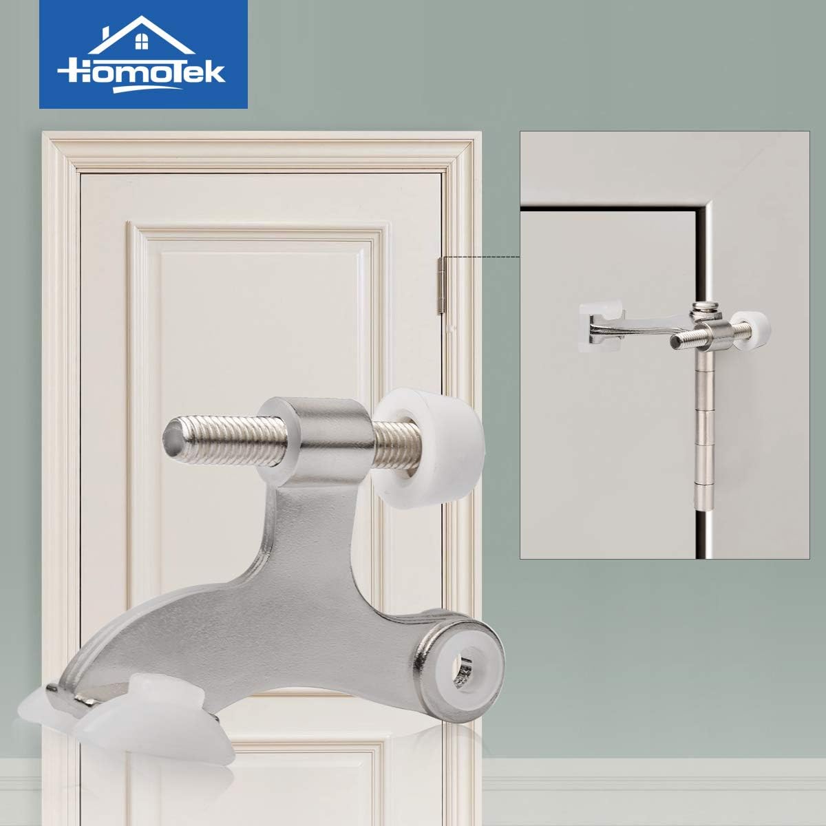 HOMOTEK 2 Pack Hinge Pin Satin Nickel Door Stopper,Adjustable Deluxe Heavy Duty Door Stopper 2-1/2"x1-3/4,with White Rubber Bumper Tips