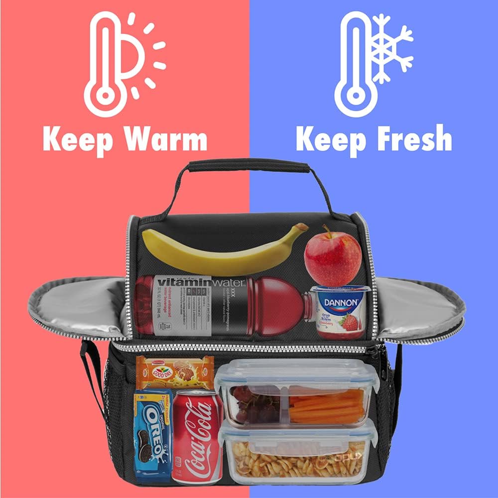 opux Lunch Box for Men, Adult Lunch Box Cooler, Insulated Lunch Bag Women, Dual Compartment Lunchbox for Work, Leakproof Double Decker Lunch Bag, Soft Lunch Pail Tote Boys Girls Kids School, Black