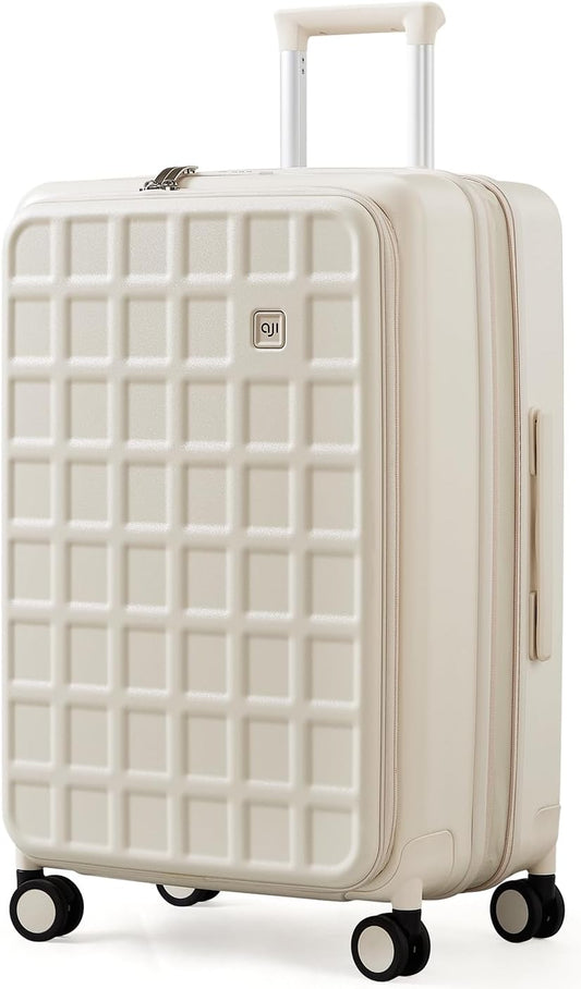 aji Expandable Top Opening 26 Inch Checked Luggage with Spinner Wheels, Large Suitcase with TSA Lock, Hard Shell Travel luggage Suitcases for Men Women, for 20+Days Travel, Coconut White